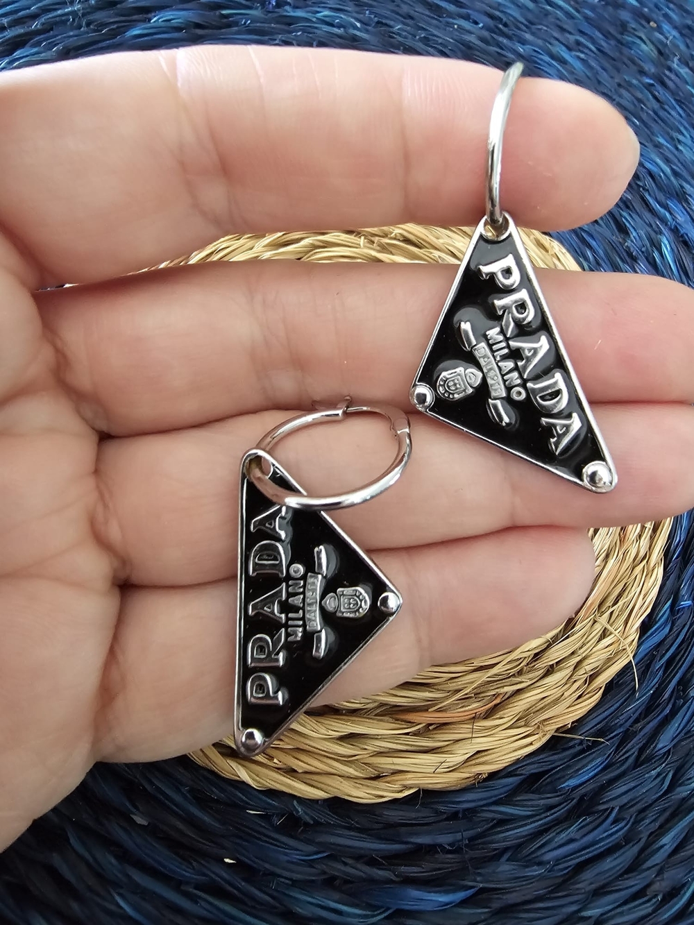 Prada Black Triangle Logo Hoop Drop Earrings - Picture 4 of 5